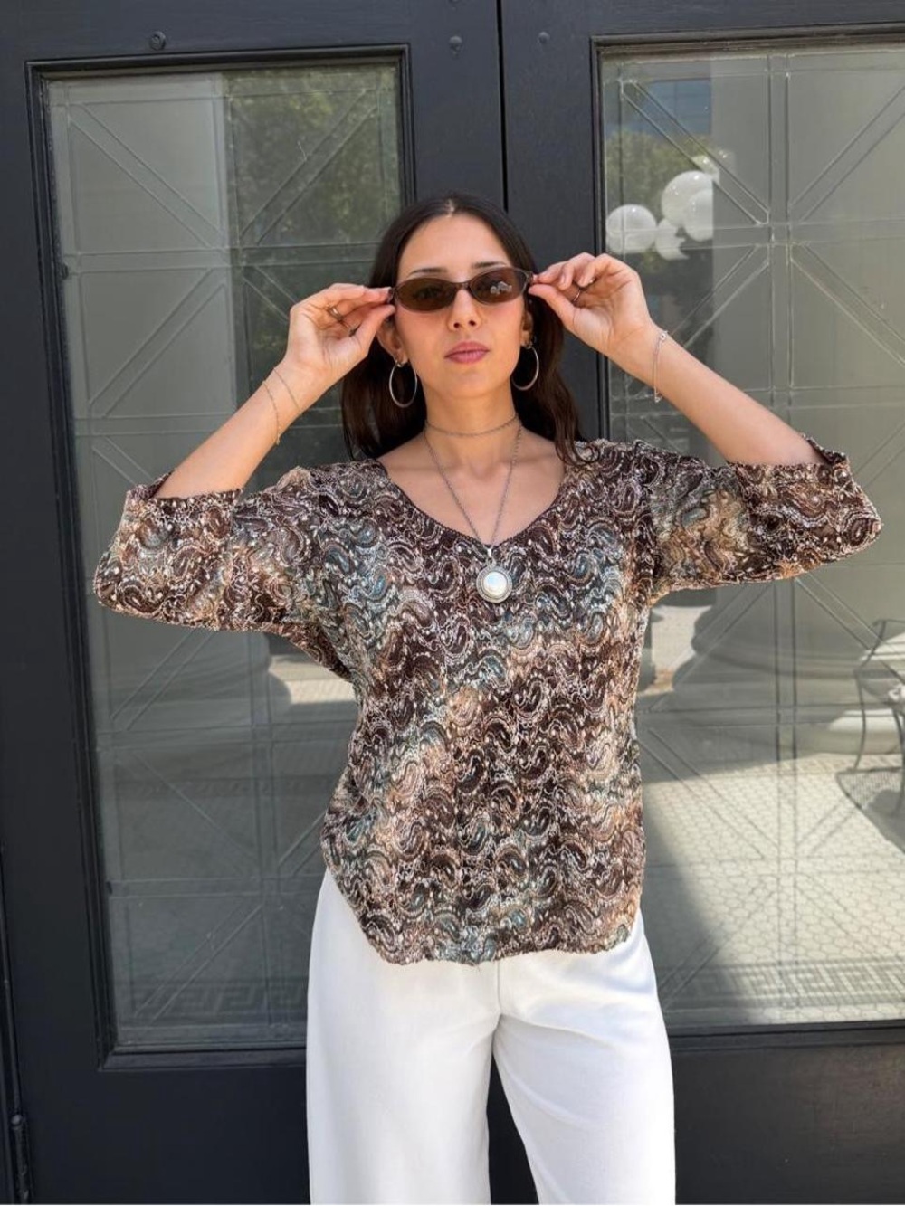 Y2K brown + beige paisley print blouse with 3/4 sleeves Size M #y2k #fairycore